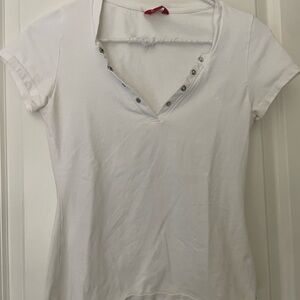 Guess White Short Sleeve V-Neck Top